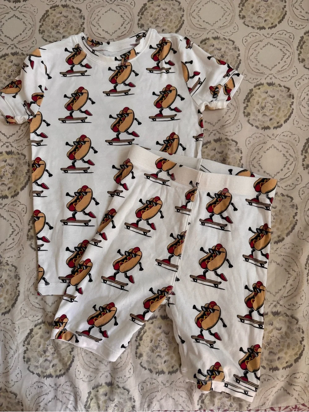GAP White Hot Dog Skateboard Kids Pajama Set with Red and Tan Accents